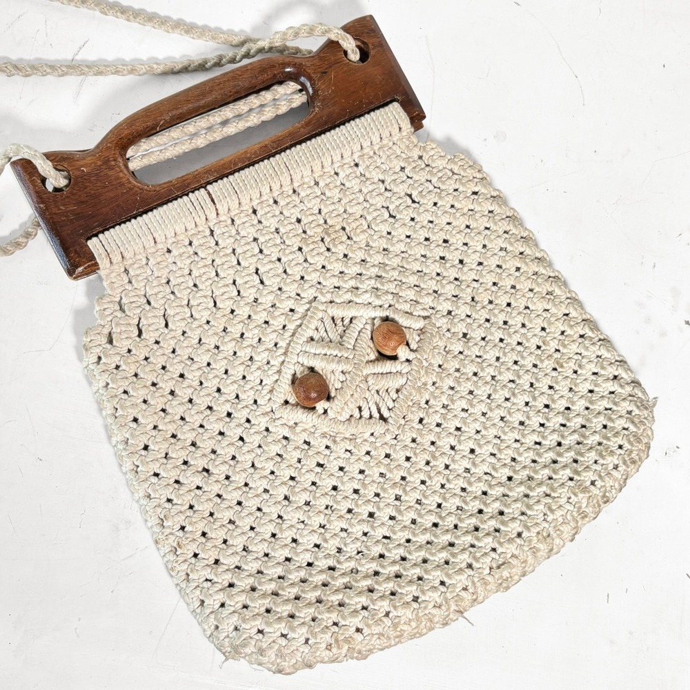 VTG 70s‎ Macrame Handbag Cream Boho Wood Handle Tassel Shoulder Bag Retro Hippie